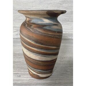 Antique 1920's Niloak Pottery Mission Swirl Vase 5" Tall Blue Earth Tones